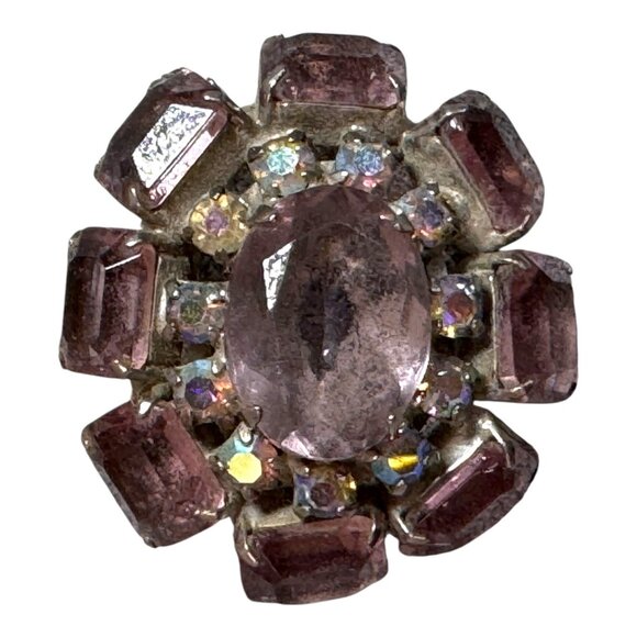 Vintage Purple Amethyst Glass Rhinestone Floral Brooch Pin Aurora Borealis 1.5